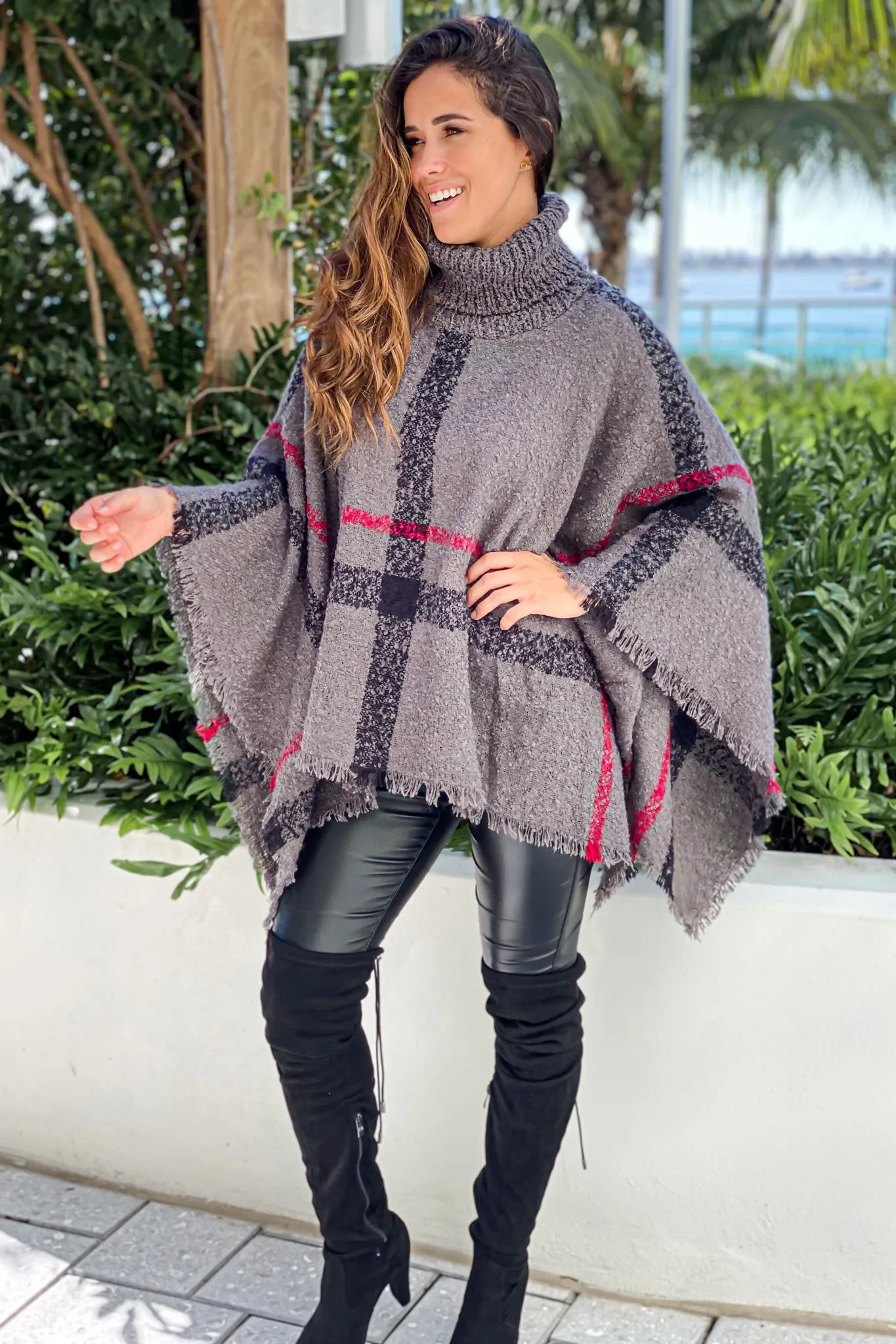 Charcoal Plaid Turtleneck Poncho