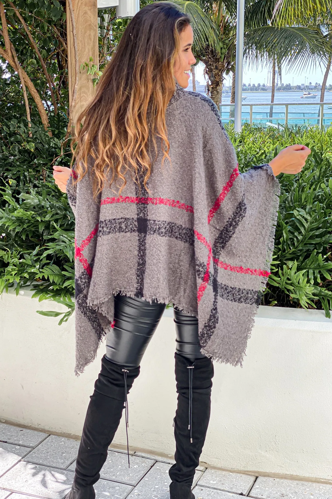 Charcoal Plaid Turtleneck Poncho