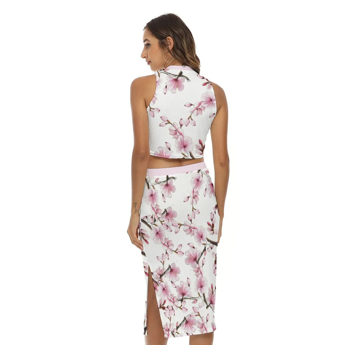 Cherry Blossom All Over Tank Top & Split High Women's Skirt Set