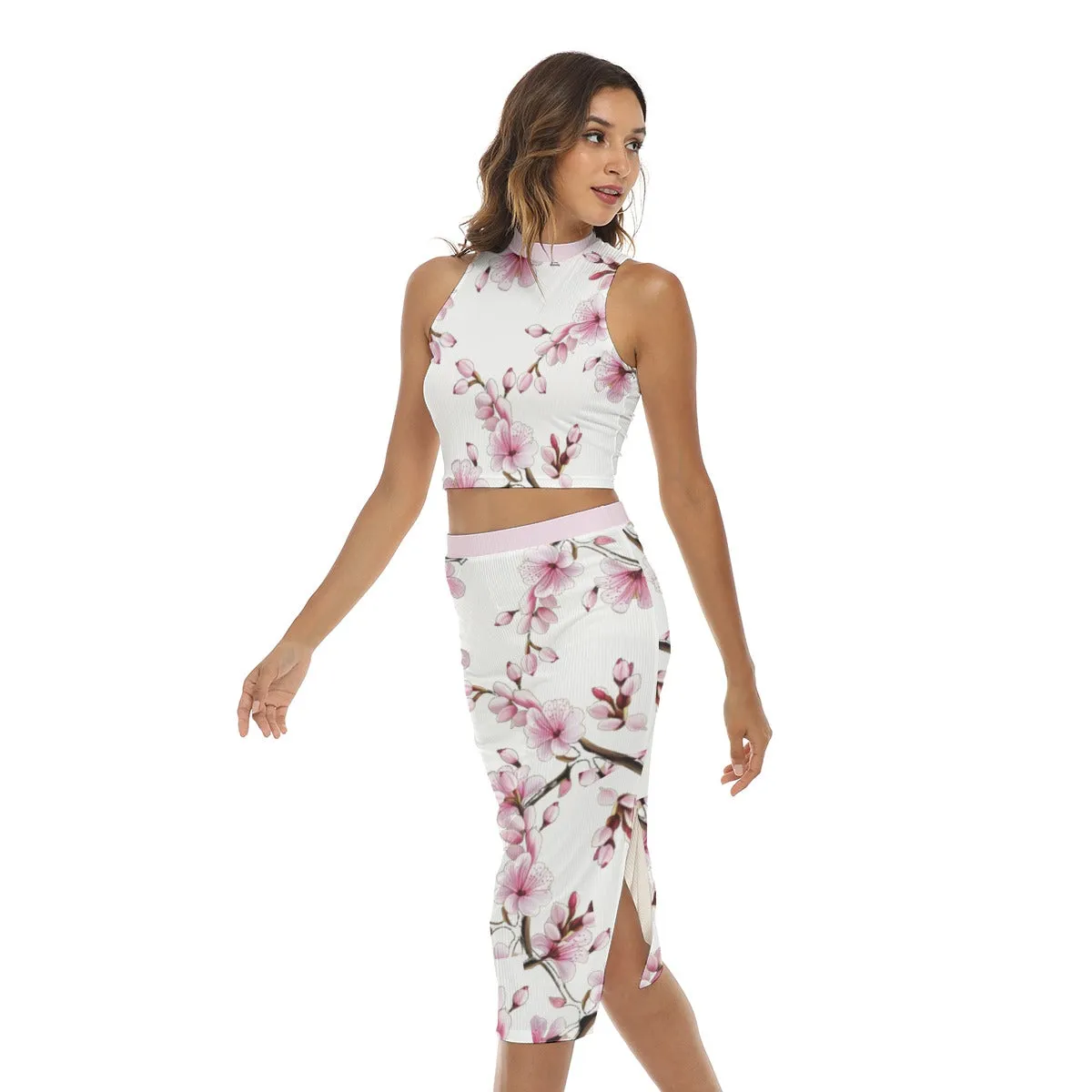 Cherry Blossom All Over Tank Top & Split High Women's Skirt Set