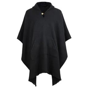 Condolanga - Llama Wool Unisex South American Handwoven Hooded Poncho - solid black pattern - pocket