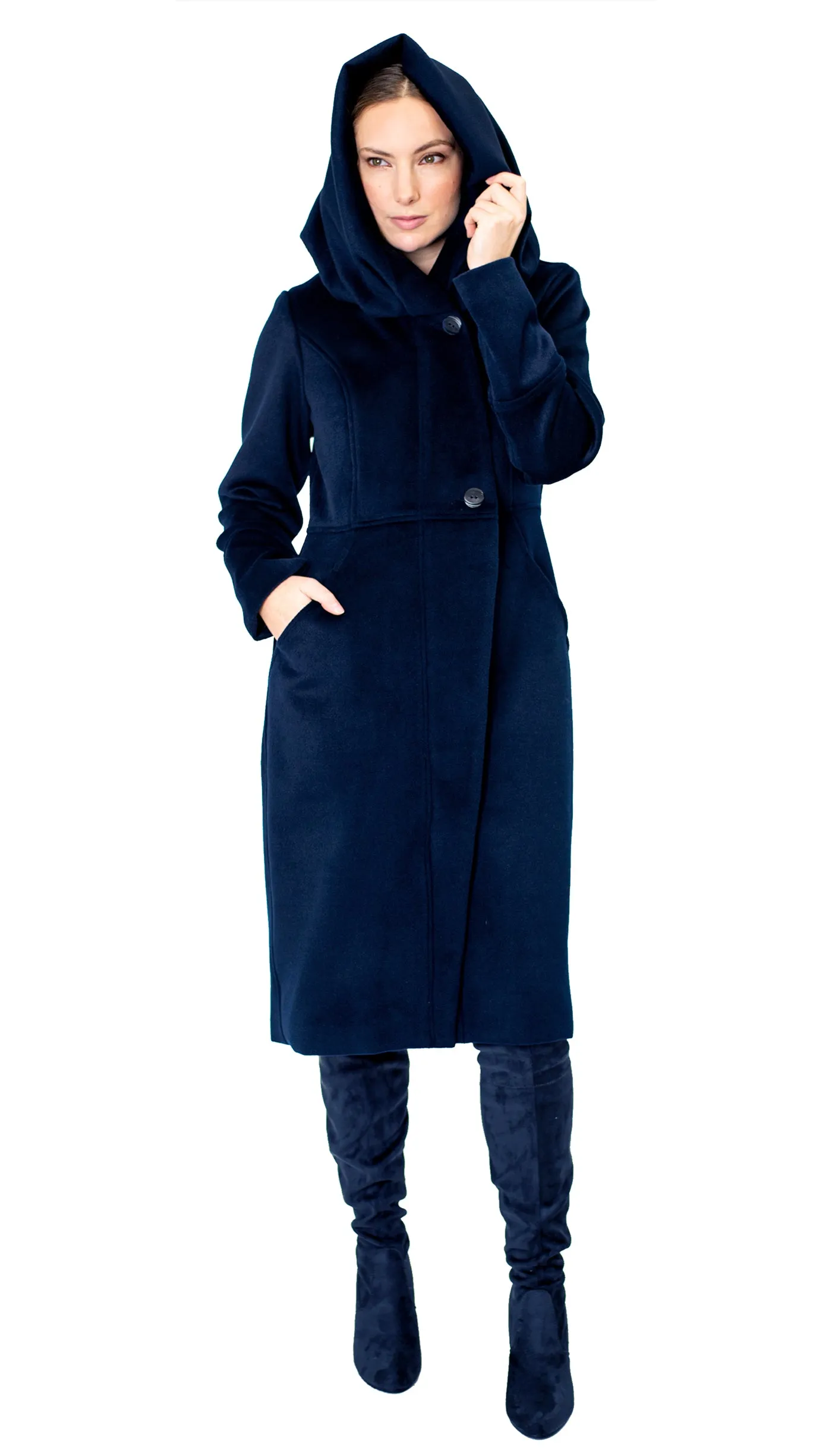 Cowl/Hood Zip Coat / Navy plush