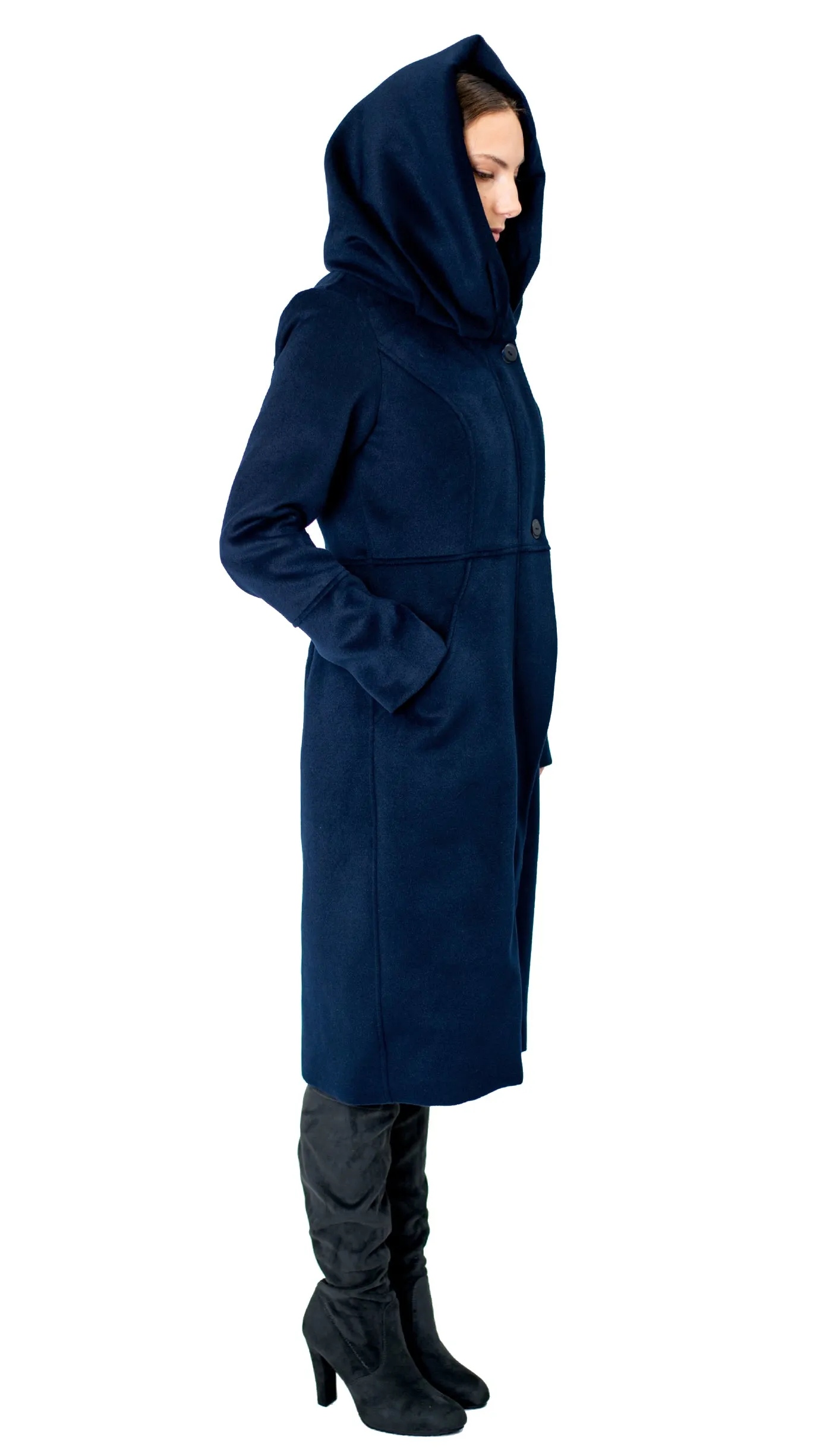 Cowl/Hood Zip Coat / Navy plush