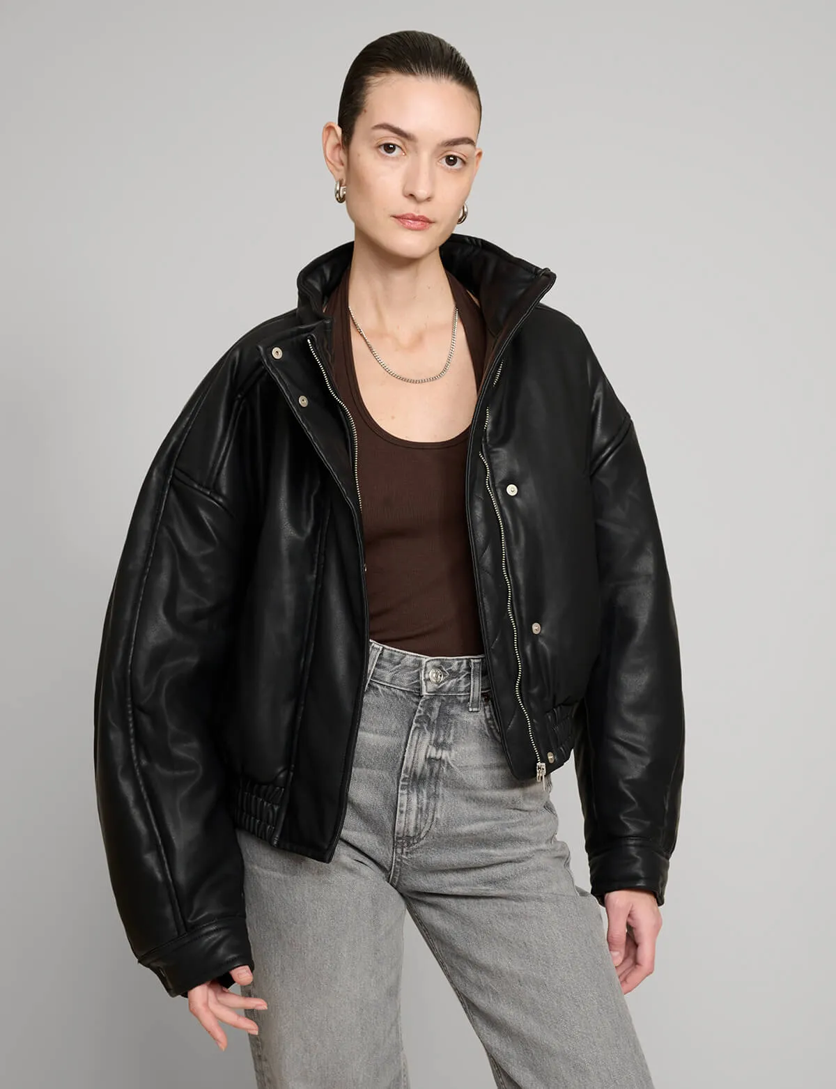 Crop Leather Bomber Jacket