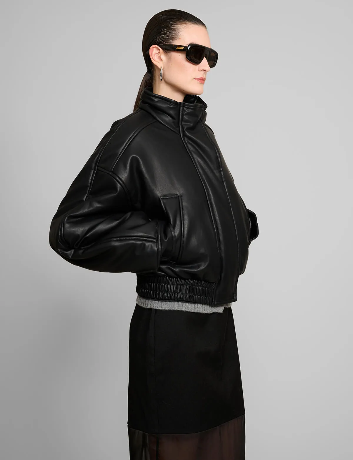 Crop Leather Bomber Jacket