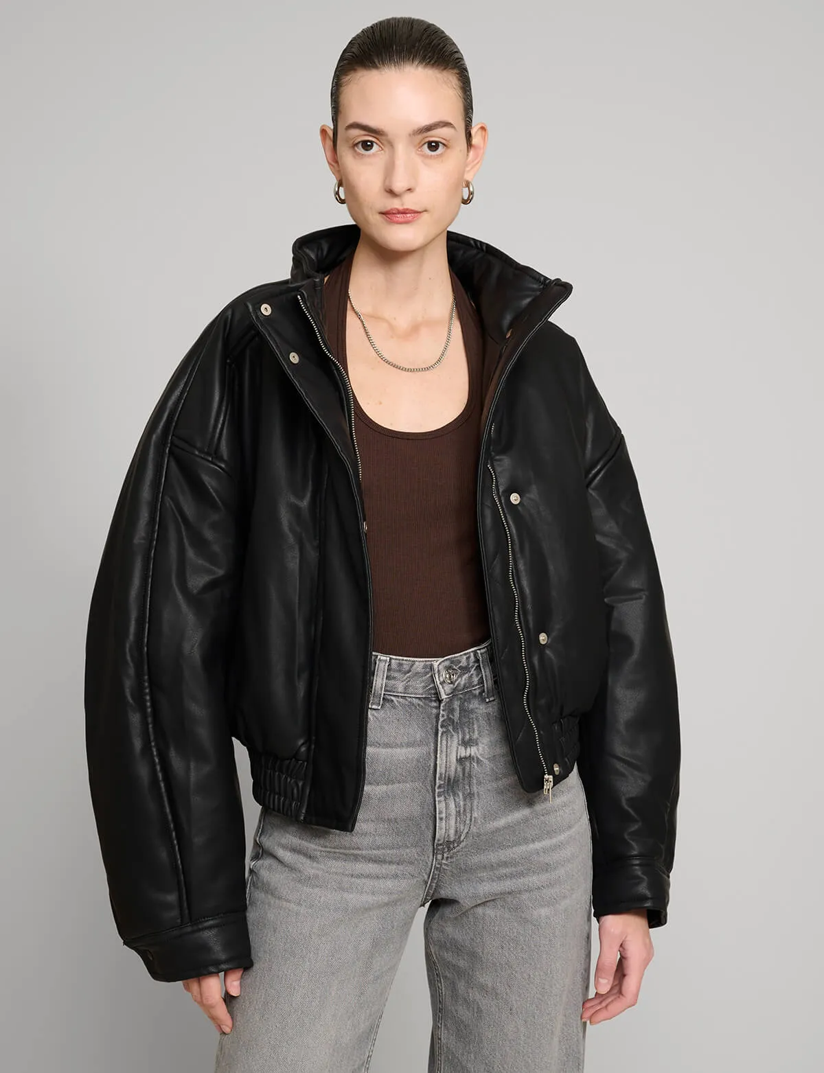 Crop Leather Bomber Jacket