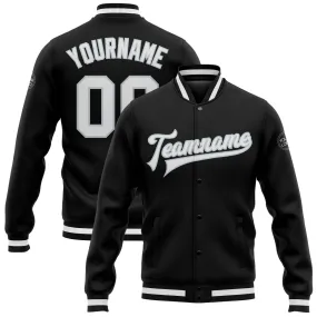 Custom Black White-Silver Bomber Full-Snap Varsity Letterman Jacket