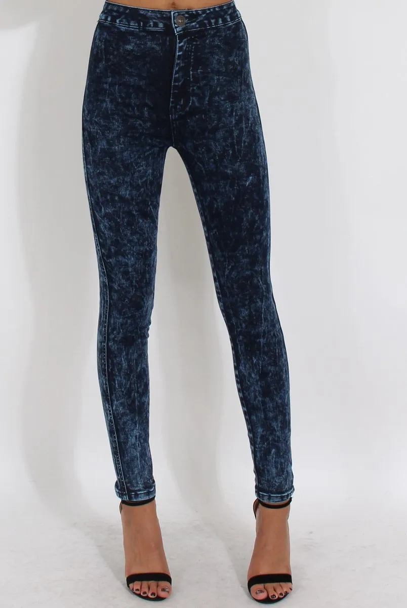 Dark Blue Acid Wash High Waisted Jeans - Janice