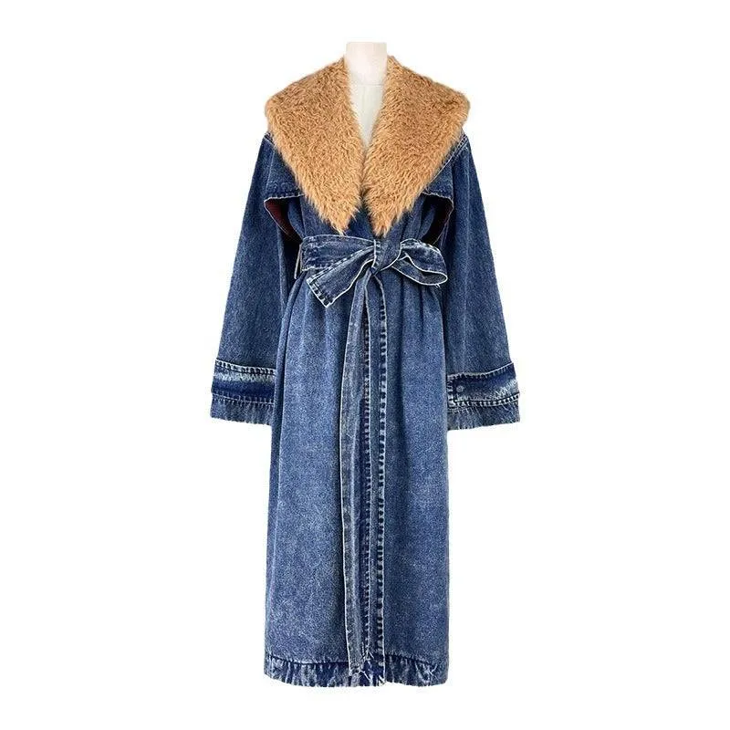 Denim Overcoat Fur Collar Belt Patchwork Pockets