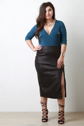 Distressed Slit Pencil Midi Skirt