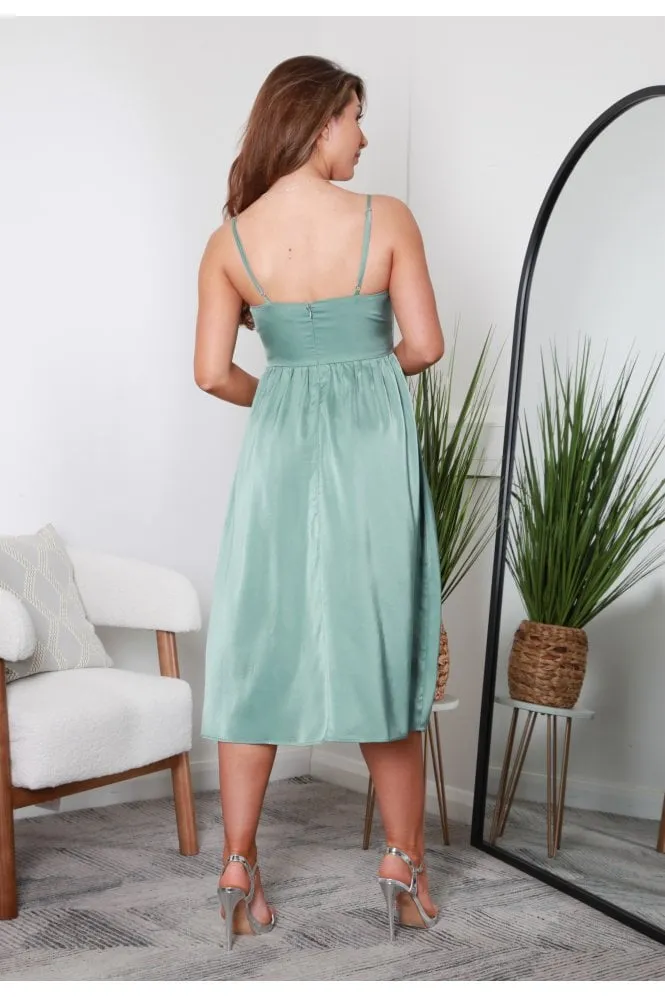 Double Second Sage Satin Strappy Midi Wrap Dress