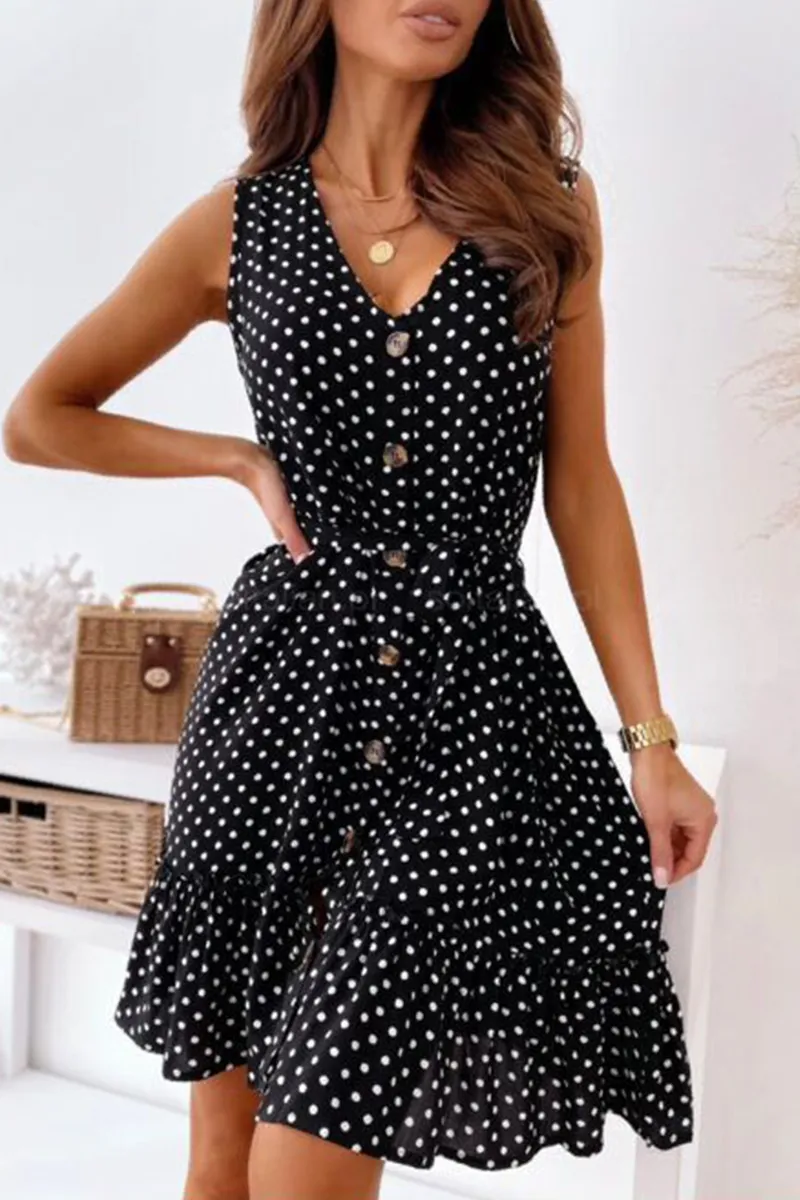 Dunnmall Elegant Dot Buckle With Belt V Neck A Line Mini Dresses