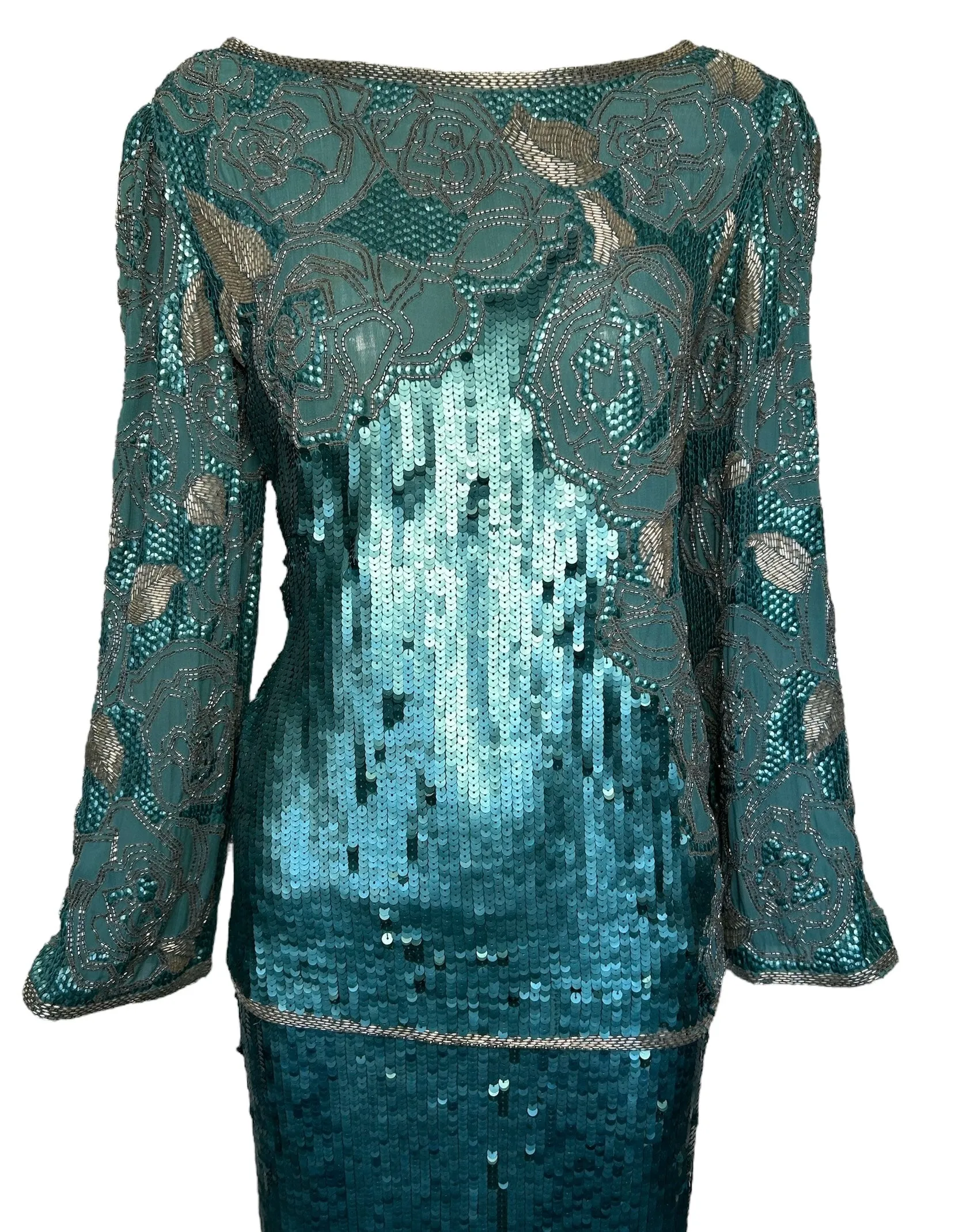 Early 1980s Halston Aqua Sequin and Beaded Ensemble