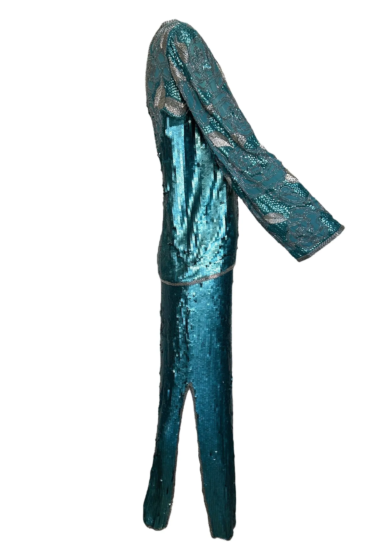 Early 1980s Halston Aqua Sequin and Beaded Ensemble