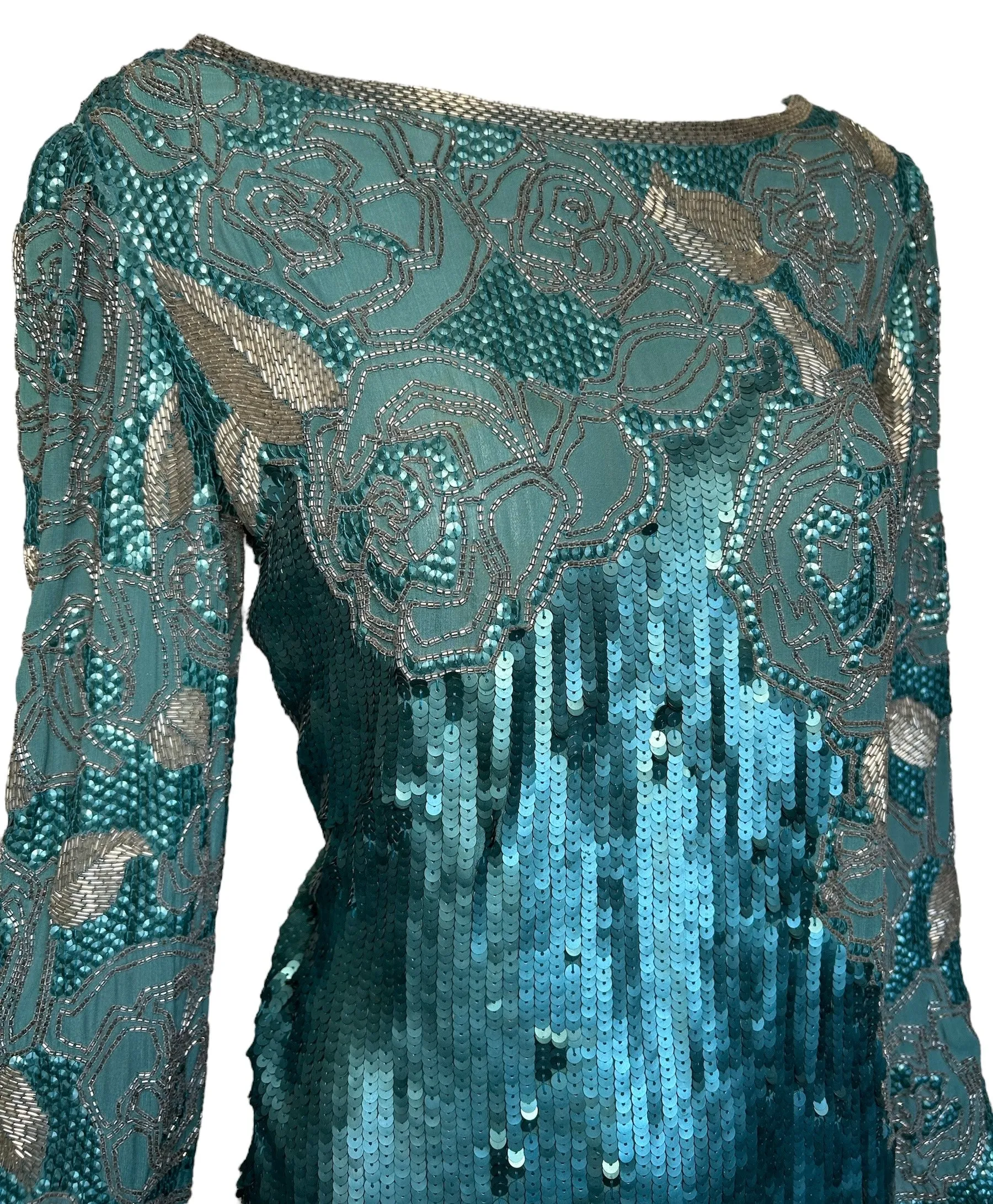 Early 1980s Halston Aqua Sequin and Beaded Ensemble