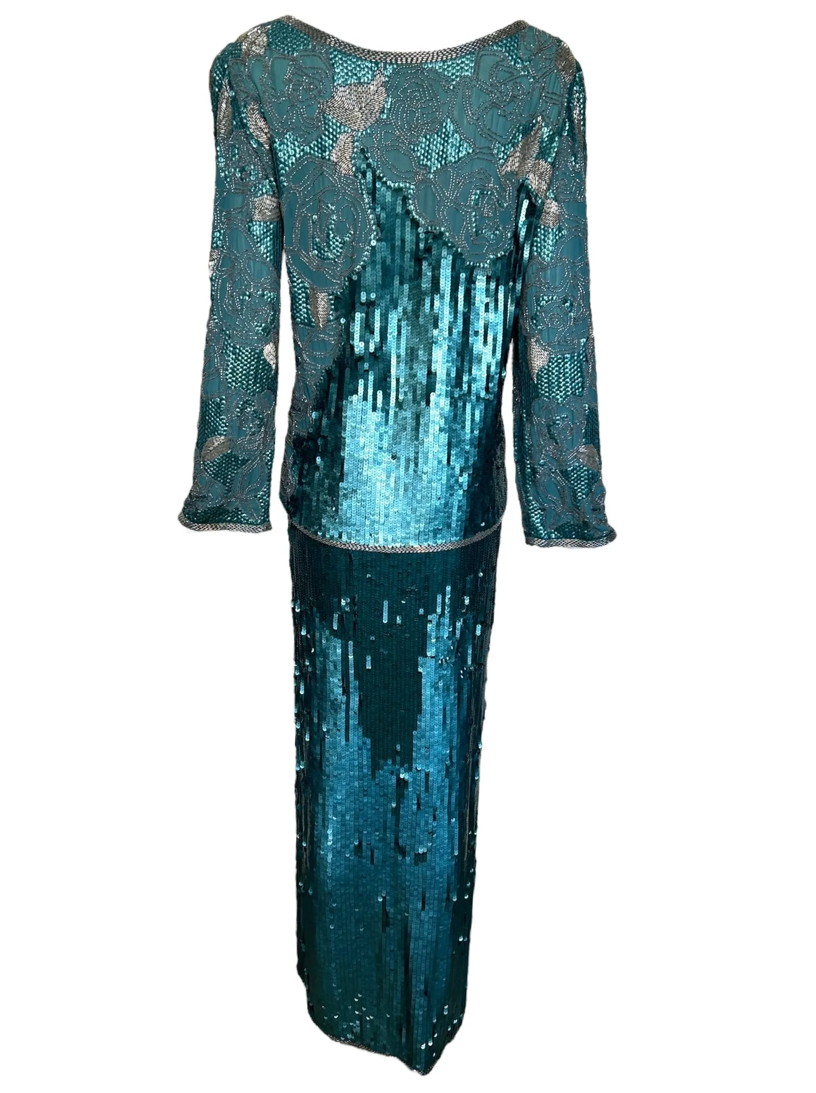 Early 1980s Halston Aqua Sequin and Beaded Ensemble