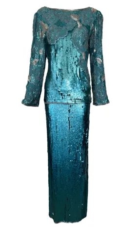 Early 1980s Halston Aqua Sequin and Beaded Ensemble