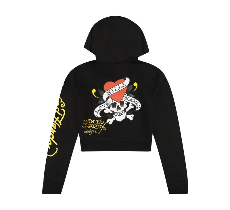 ED HARDY LKS Skull Black Zip Front Cropped Hoodie