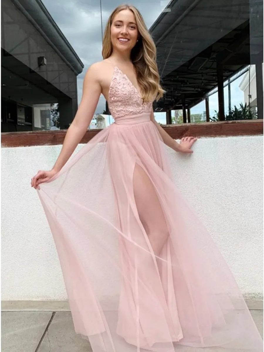 Elegant A Line V Neck Pink Lace Long Prom with Slit, Pink Lace Formal Graduation Evening