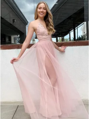 Elegant A Line V Neck Pink Lace Long Prom with Slit, Pink Lace Formal Graduation Evening