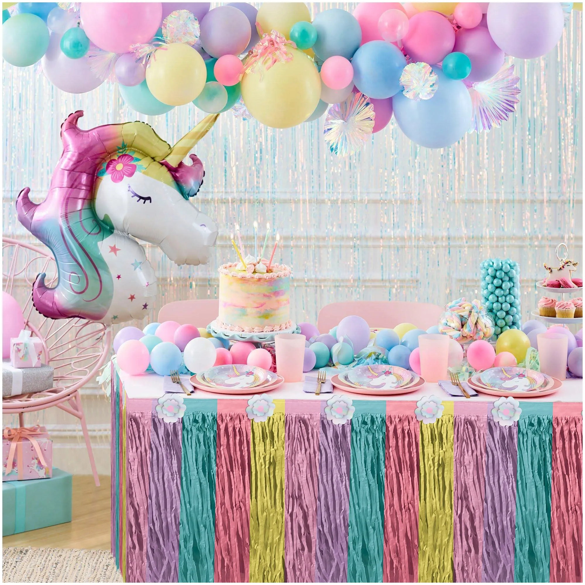 Enchanted Unicorn Pretty Paper Streamer Table Skirt Birthday Party Decoration