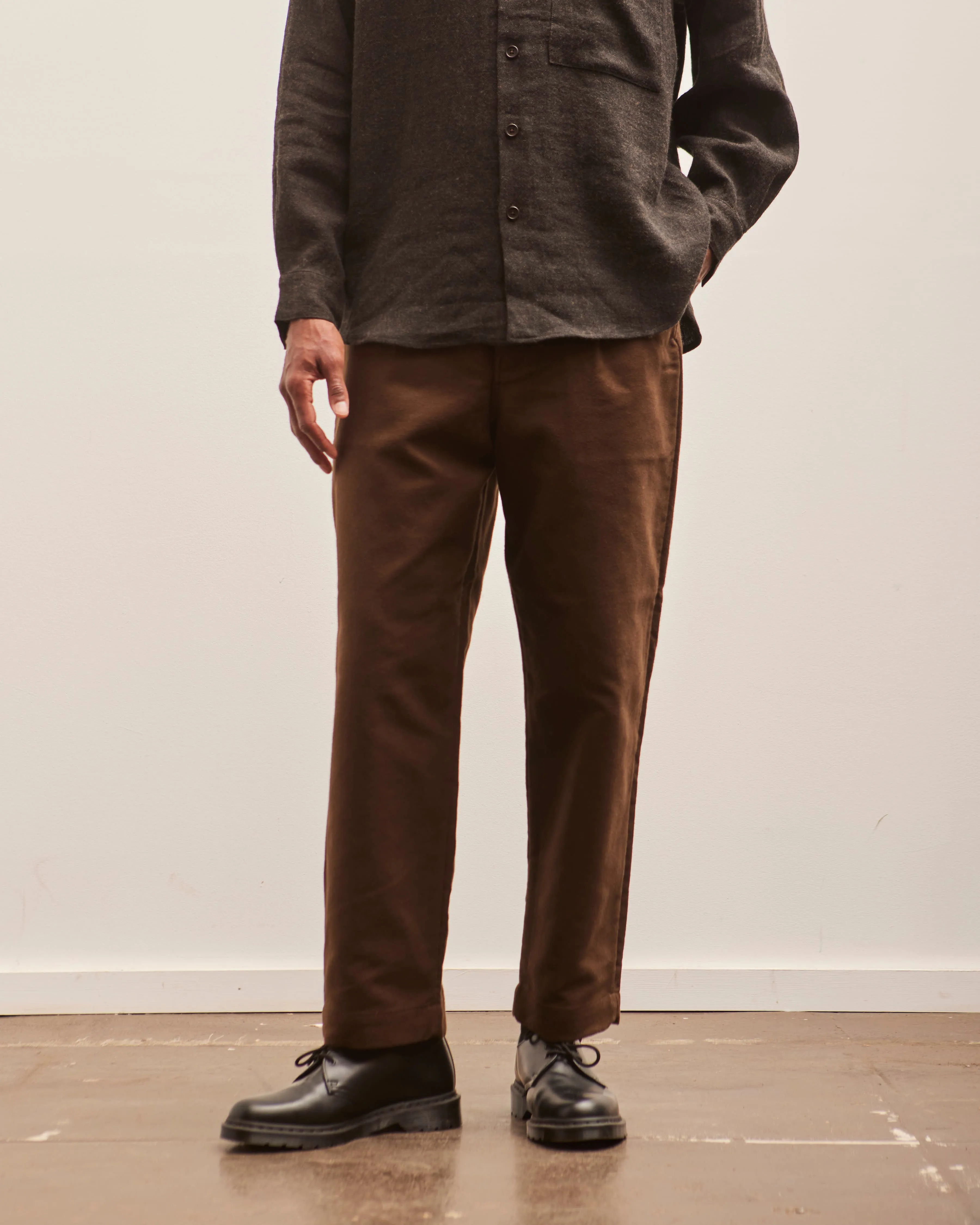 Evan Kinori Single Pleat Pant, Brown Organic Cotton Moleskin