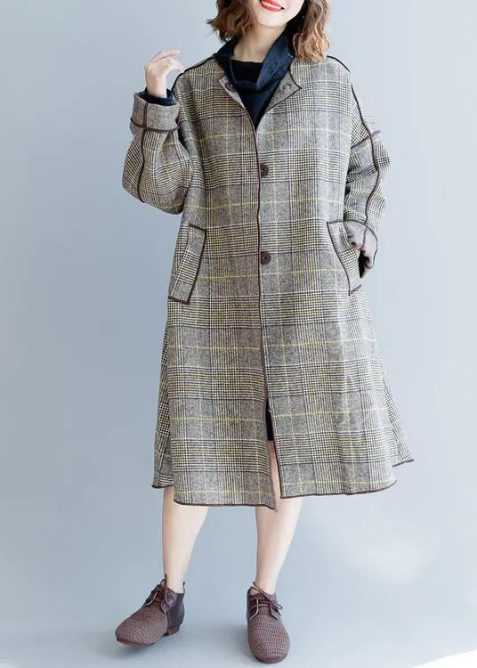 fine plus size mid-length coats winter woolen outwear plaid pockets woolen overcoat