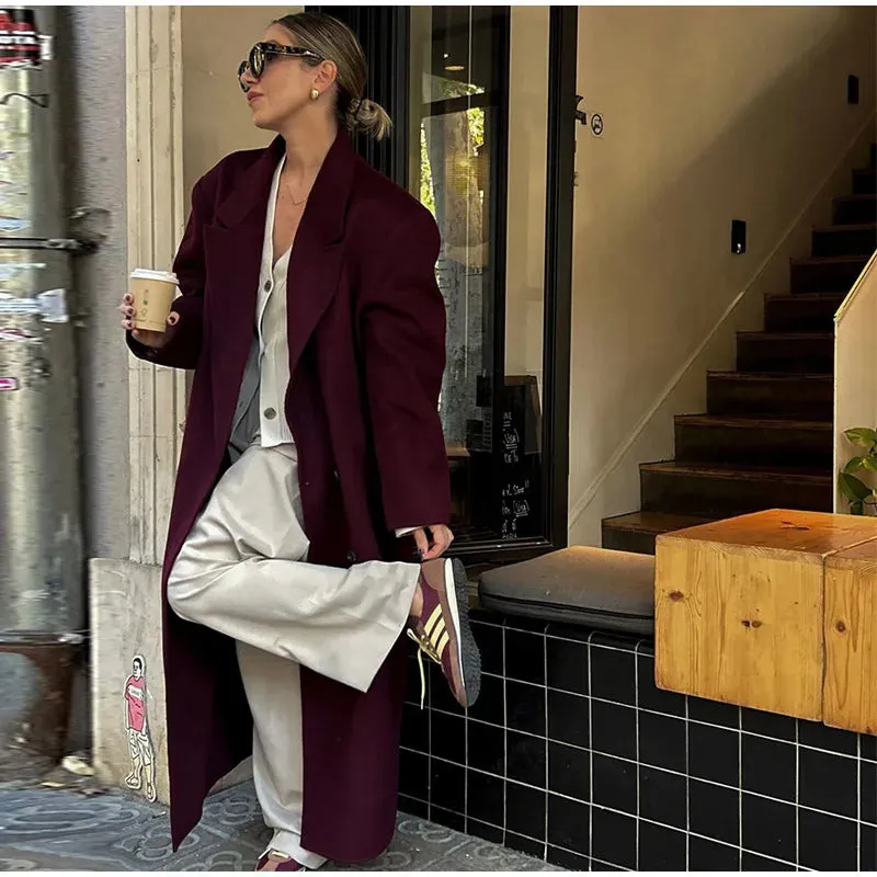 Girlary Elegant Women's Burgundy Woolen Overcoat Street Lapel Double Breasted Full Sleeve Long Coat 2024 Autumn Winter Lady Chic Outwear