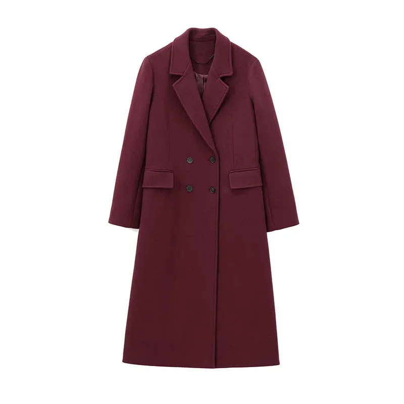 Girlary Elegant Women's Burgundy Woolen Overcoat Street Lapel Double Breasted Full Sleeve Long Coat 2024 Autumn Winter Lady Chic Outwear