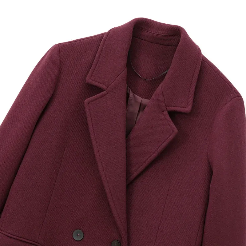 Girlary Elegant Women's Burgundy Woolen Overcoat Street Lapel Double Breasted Full Sleeve Long Coat 2024 Autumn Winter Lady Chic Outwear