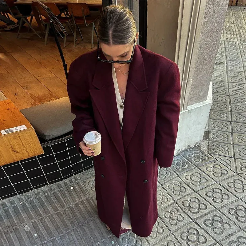 Girlary Elegant Women's Burgundy Woolen Overcoat Street Lapel Double Breasted Full Sleeve Long Coat 2024 Autumn Winter Lady Chic Outwear