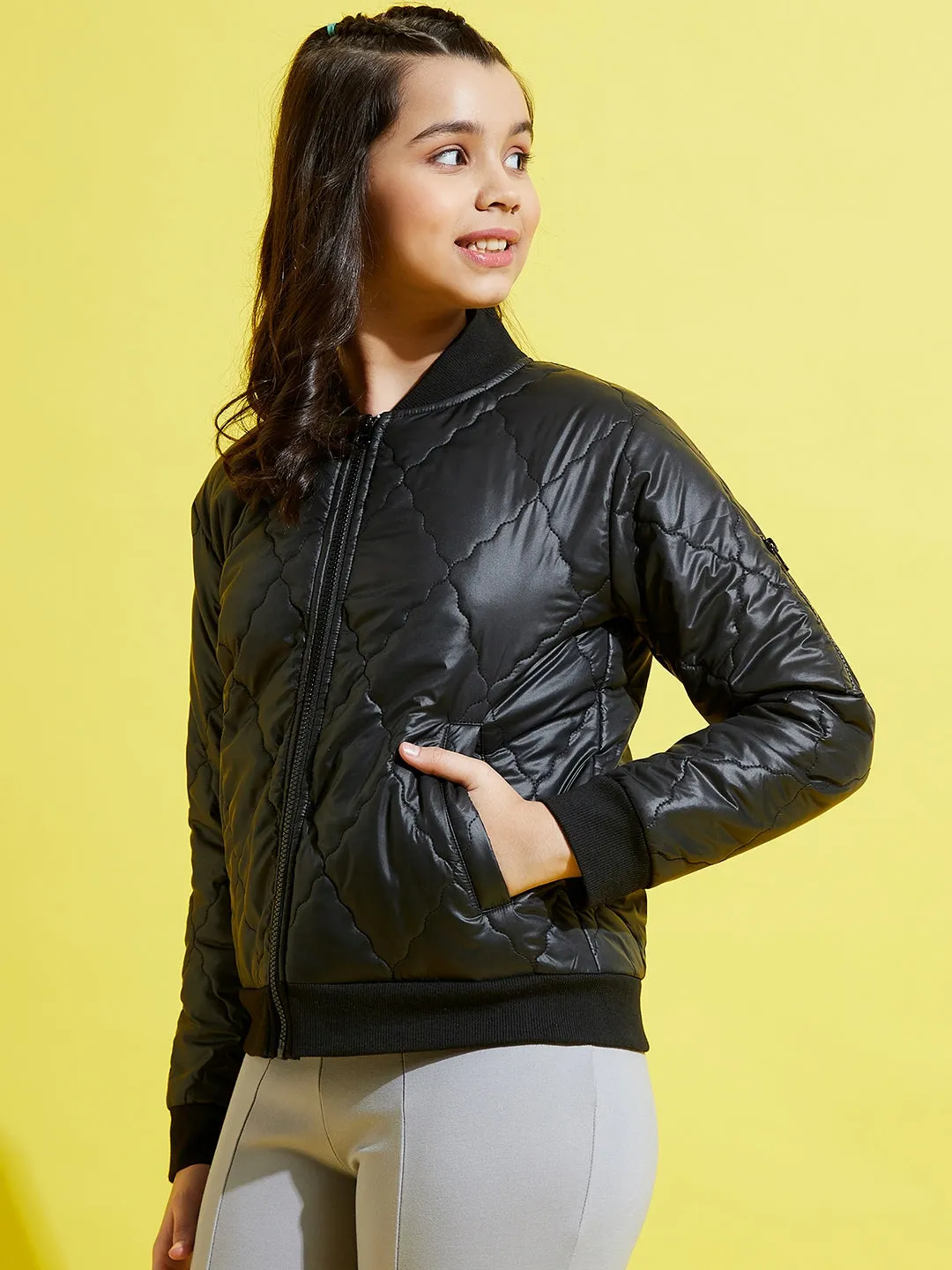 Girls Black Quilted Bomber Jacket - Lyush Kids