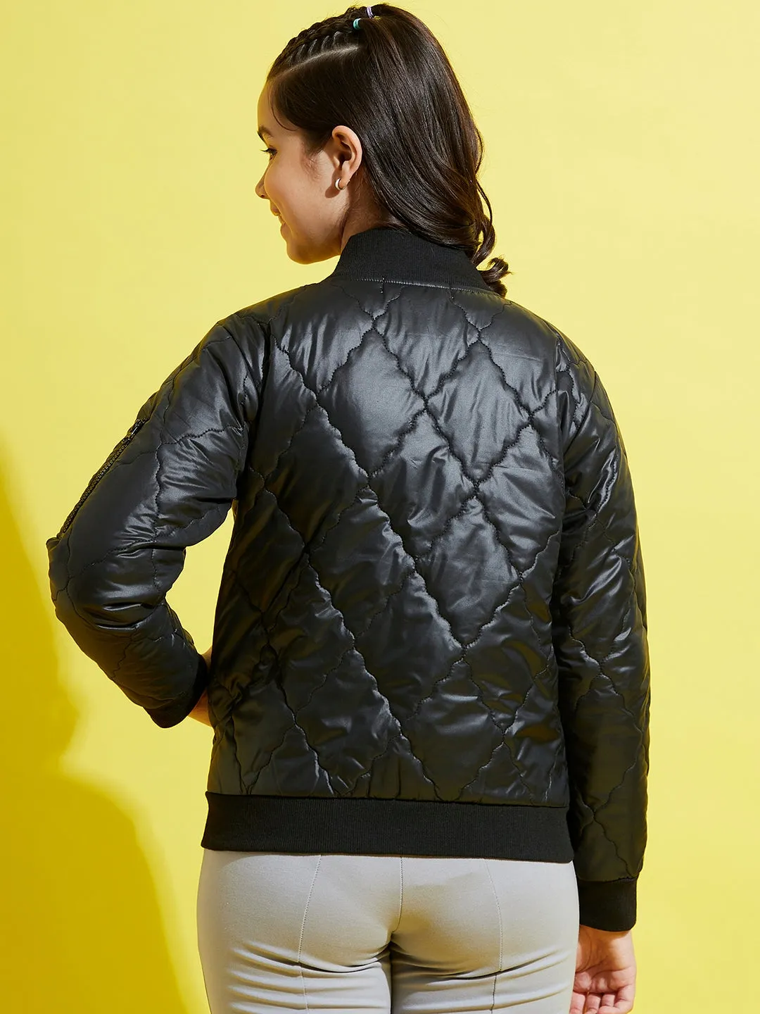 Girls Black Quilted Bomber Jacket - Lyush Kids