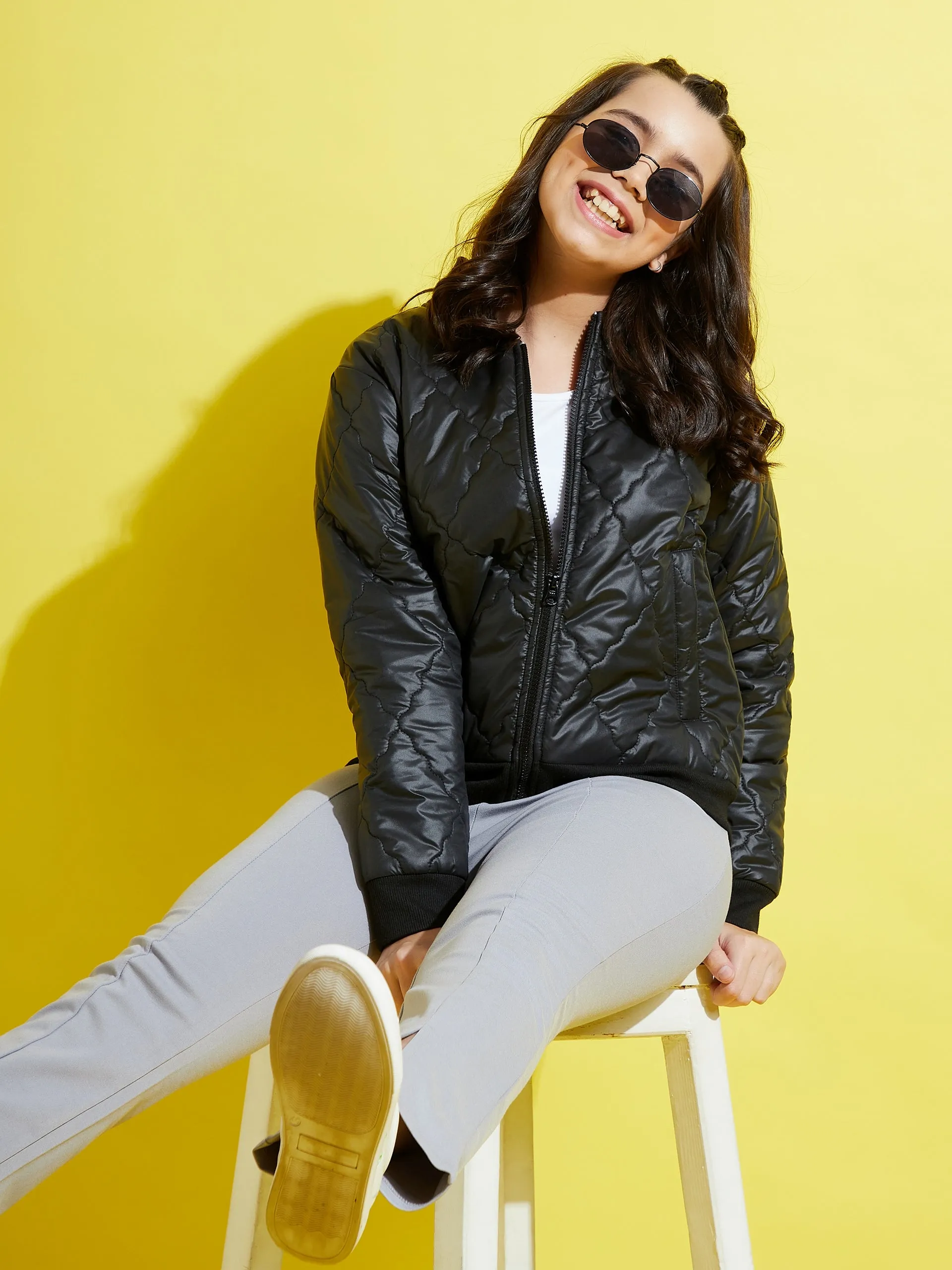 Girls Black Quilted Bomber Jacket - Lyush Kids