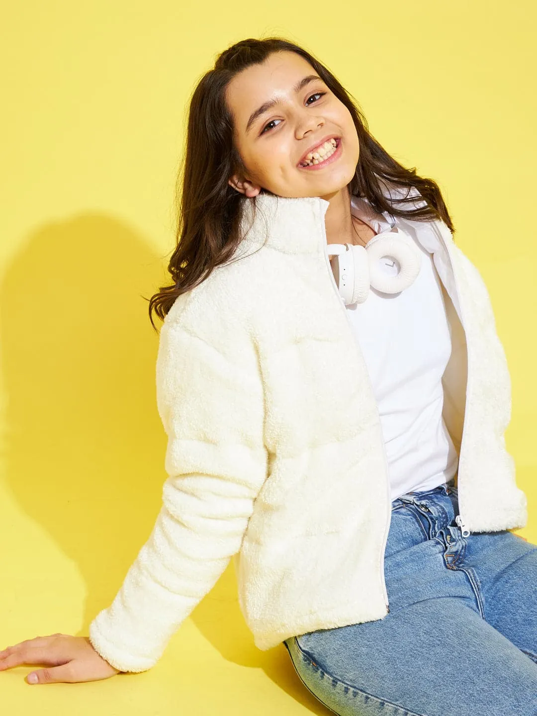 Girls White Fur Front Zipper Quilted Jacket - Lyush Kids