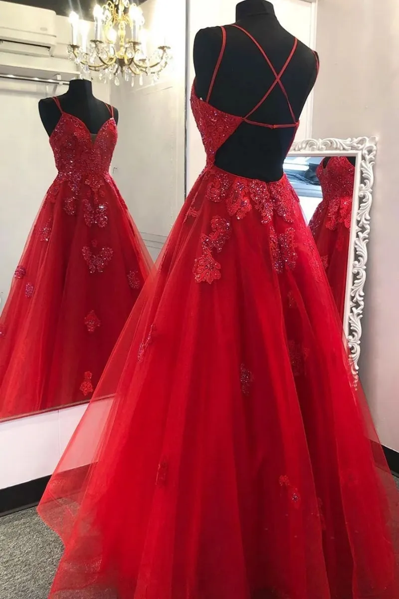 Gorgeous V Neck Backless Red Lace Prom Dress 2020, Backless Red Lace Formal Dress, Red Lace Evening Dress, Red Ball Gown