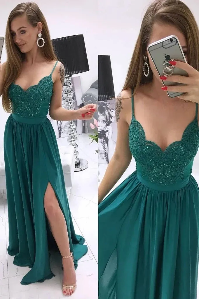 Green Prom Dress with Slit, Prom Dresses, Evening Dress, Dance Dress, Graduation School Party Gown, PC0347