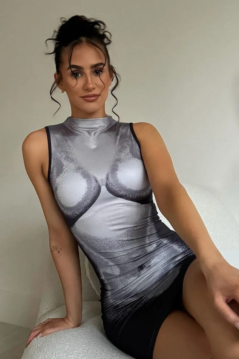 Grey Body Print High Neck Mini Dress - Rumi