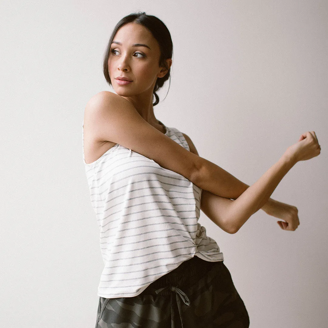 Grey Venice Stripe Knot Crop Tank