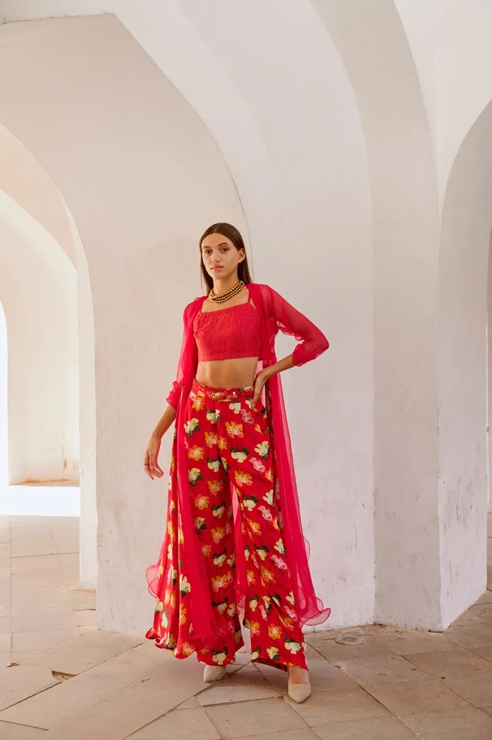 Gulbahar Chilly red organza Jacket with  crop top and culottes set