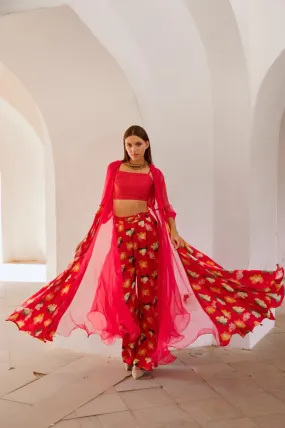 Gulbahar Chilly red organza Jacket with  crop top and culottes set