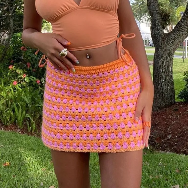 Handmade retro crochet mini skirt in pink and orange