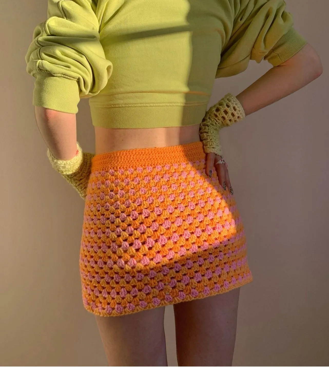 Handmade retro crochet mini skirt in pink and orange