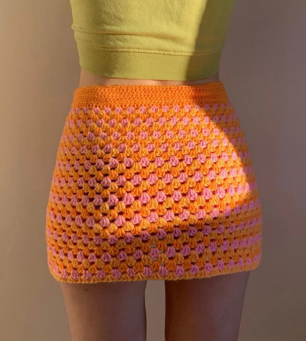 Handmade retro crochet mini skirt in pink and orange