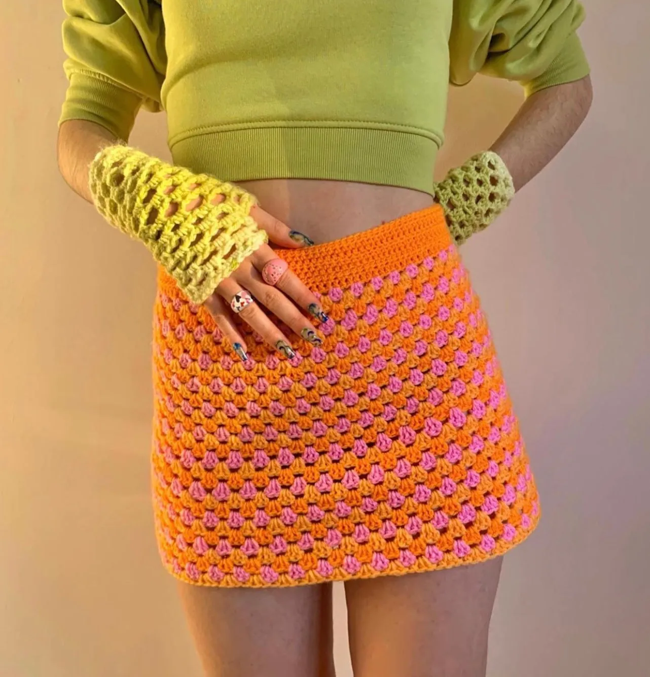 Handmade retro crochet mini skirt in pink and orange