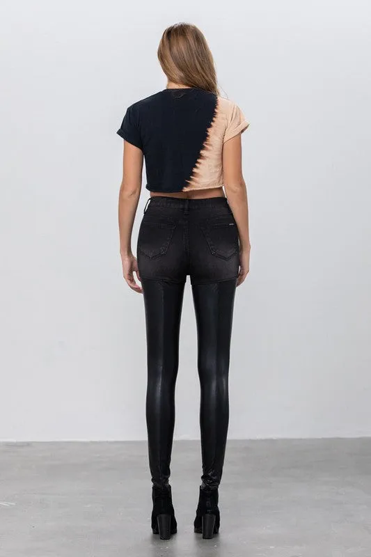 High Rise Leather Black Denim Combo Pants