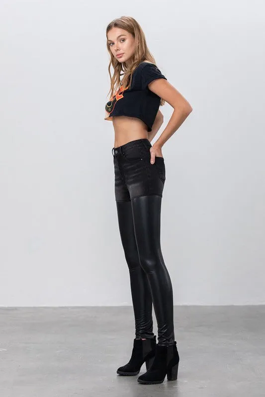 High Rise Leather Black Denim Combo Pants