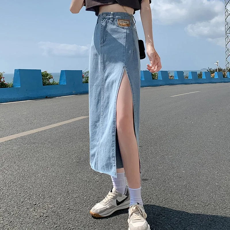 High Waist Women Denim Skirt Split Fashion A Line Streetwear Jeans Long Skirt Korean Black Summer Causal Ladies Faldas