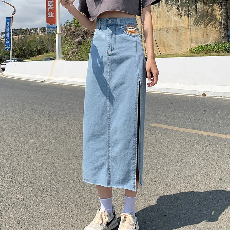 High Waist Women Denim Skirt Split Fashion A Line Streetwear Jeans Long Skirt Korean Black Summer Causal Ladies Faldas