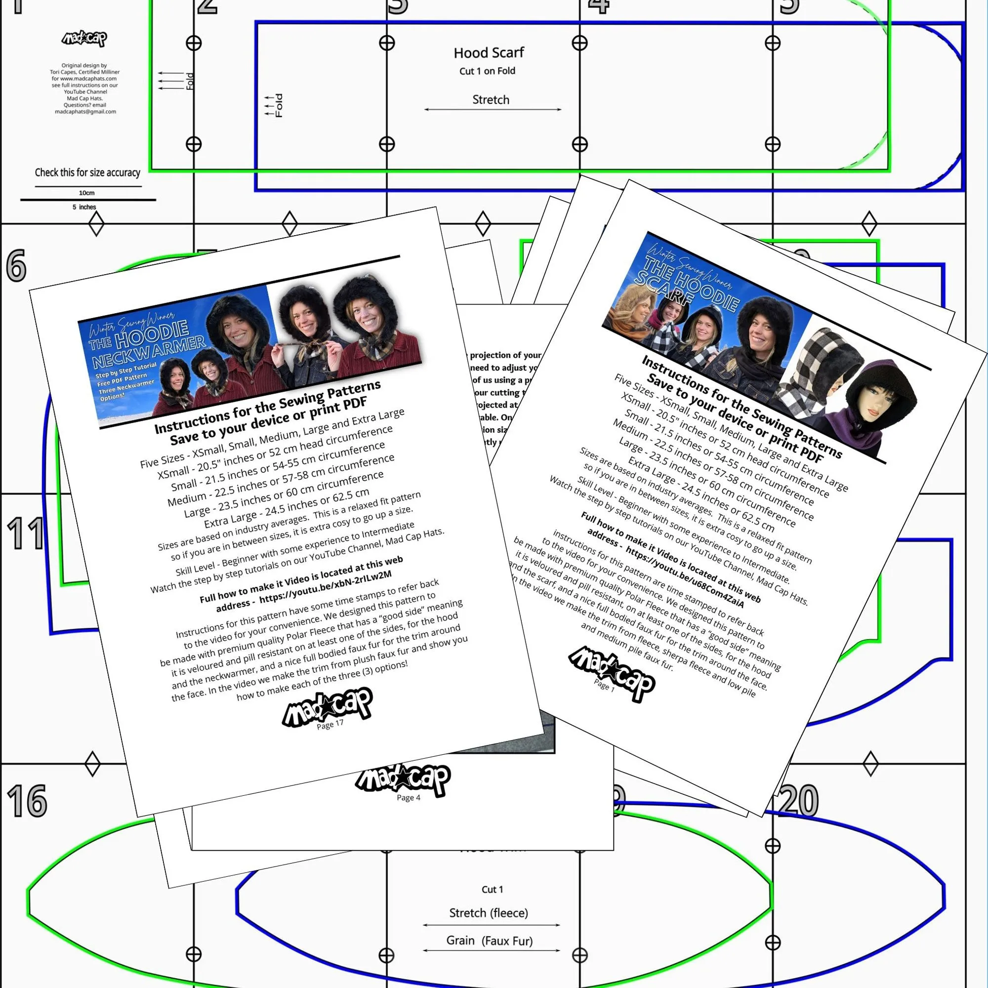 Hoodie Scarf and Neckwarmer, sewing pattern and instructions, digital files for printer and projector